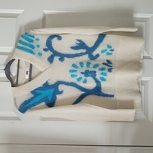 MD’M Ivory Mohair-Blend V-Neck Sweater with Turquoise Flower Pattern – Size M